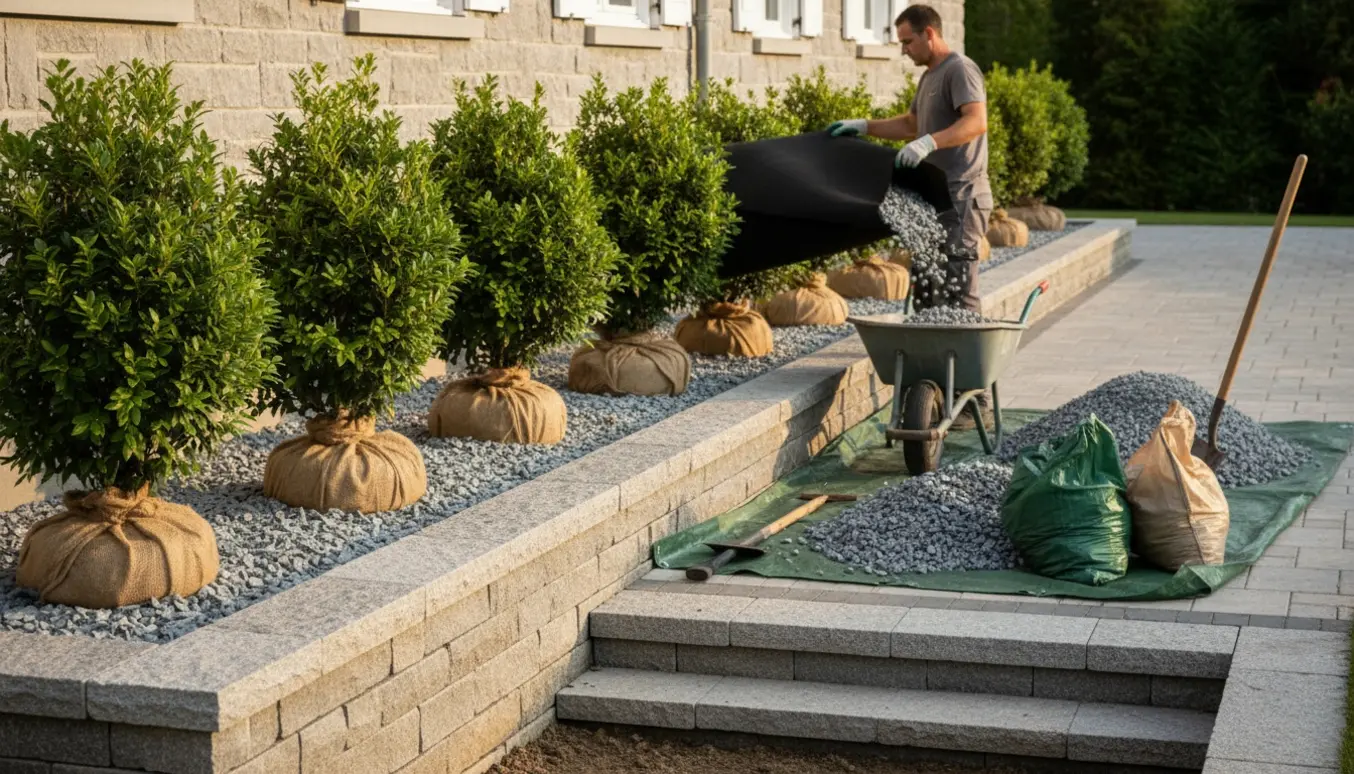 En havemand tømmer et smalt granitbed ved huset med trillebør, bunker af granitskærver og beskyttede buske.