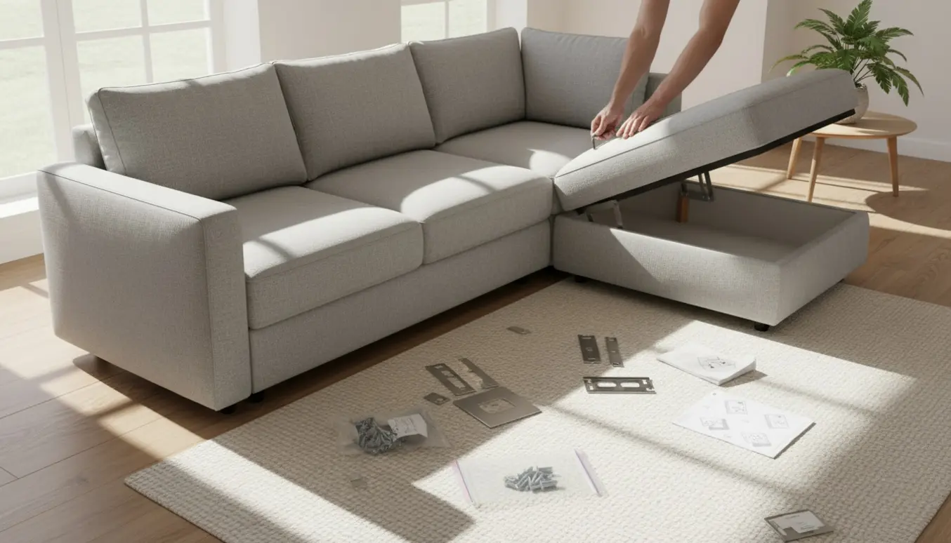 Delvist samlet skandinavisk hjørnesofa med åbent opbevaringsrum og værktøj i en lys stue.