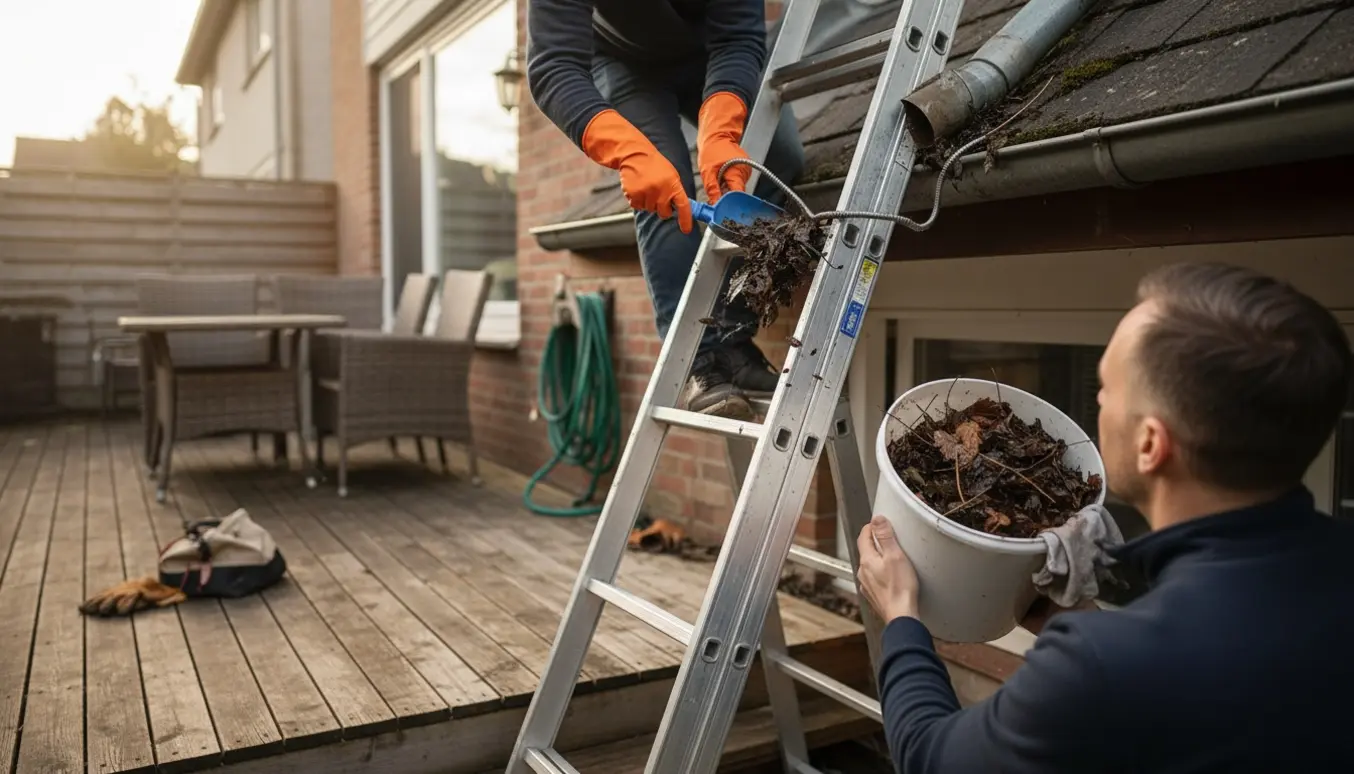 To personer rydder et tilstoppet nedløbsrør fra en lang stige ved en terrasse, med spand og haveslange.