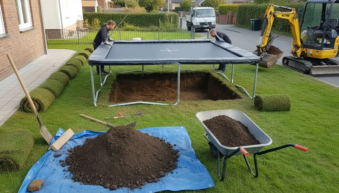 Delvist nedgravet 3x3 m trampolin under installation i en have med jordbunker, minigraver og trillebør.