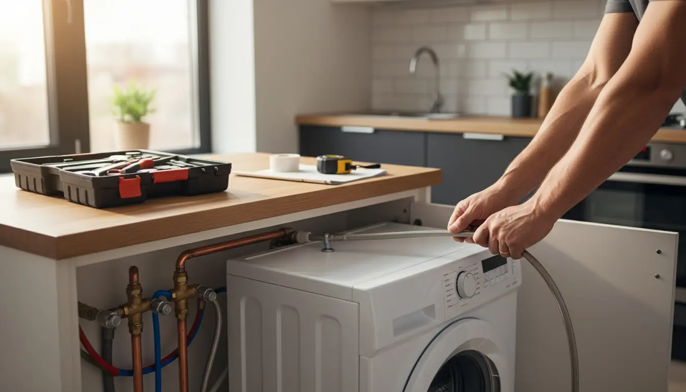 Vaskemaskine installeres i køkkenskab ved eksisterende varmt- og koldtvandsrør.