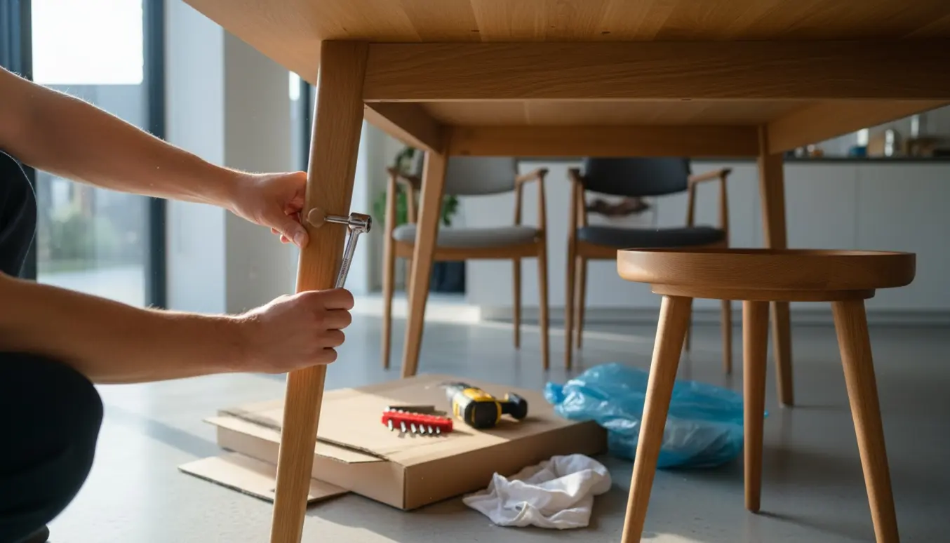 Hænder strammer en bolt under et spisebord i et lyst køkken, med et samlet bakkebord ved siden af og fladt pap klar til bortskaffelse.