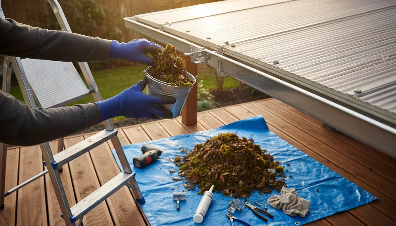 Rensning og reparation af tagrende på en overdækket terrasse med handsker, spand og værktøj.