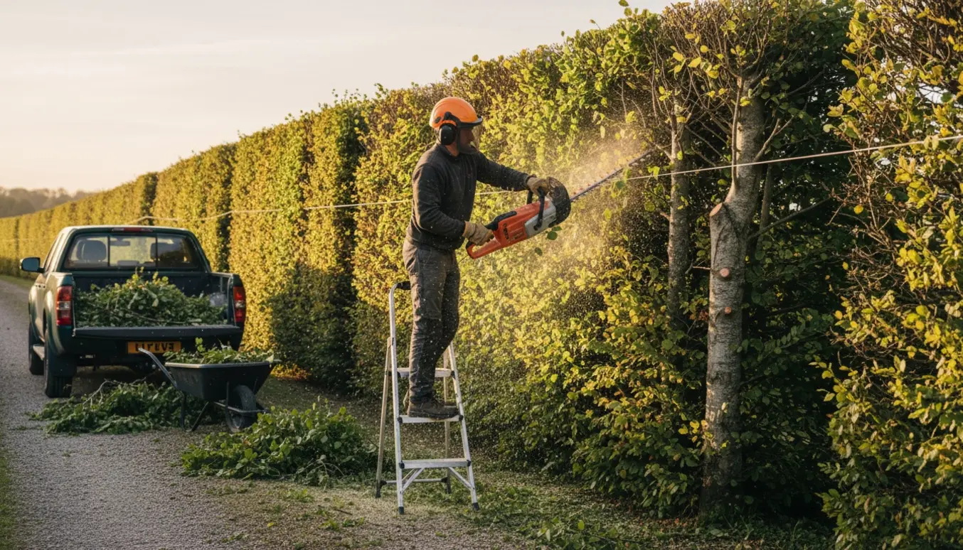 Person beskærer toppen af en lang bøgehæk med motorsav, mens afklippede grene samles i en trillebør.