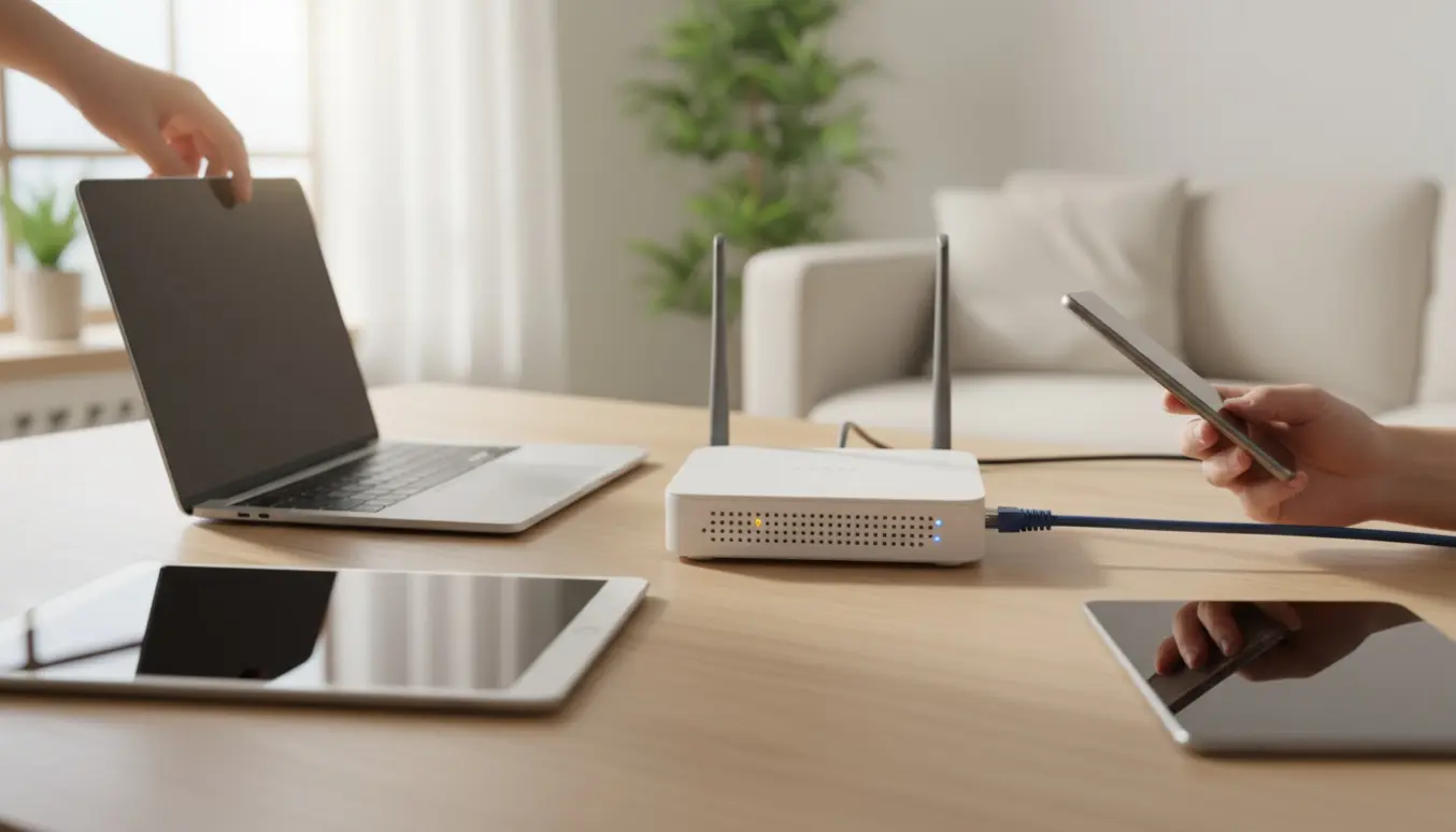 Hænder tilslutter router, mens telefon, pc og iPad ligger på et lyst hjemmekontor under Wi‑Fi-fejlsøgning.