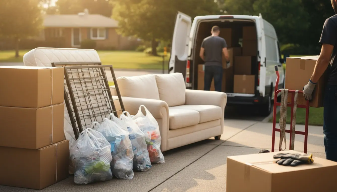 Sorteret flytteaffald på indkørsel med papkasser, plastikposer, en seng og en lille sofa klar til afhentning.