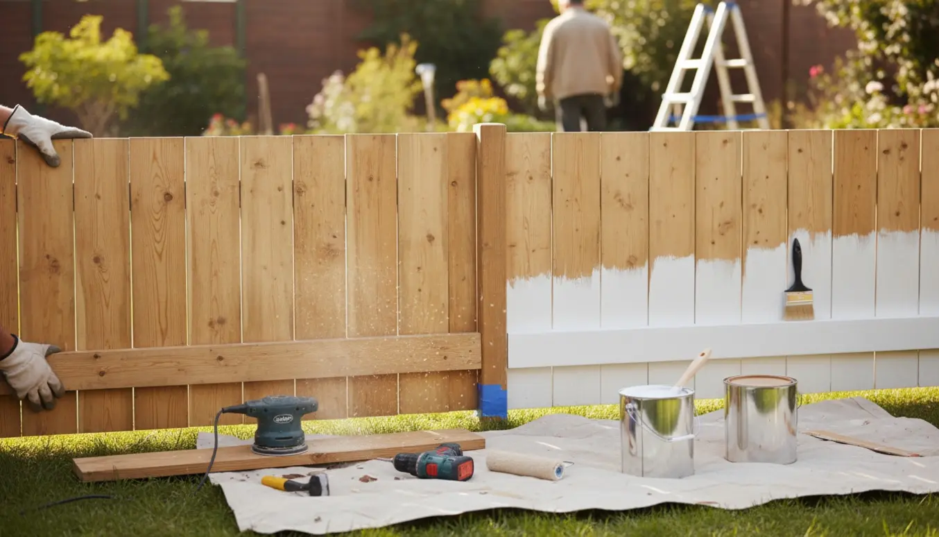 Reparation og maling af to træhegn med værktøj, slibning, primer og frisk maling i en solrig have.