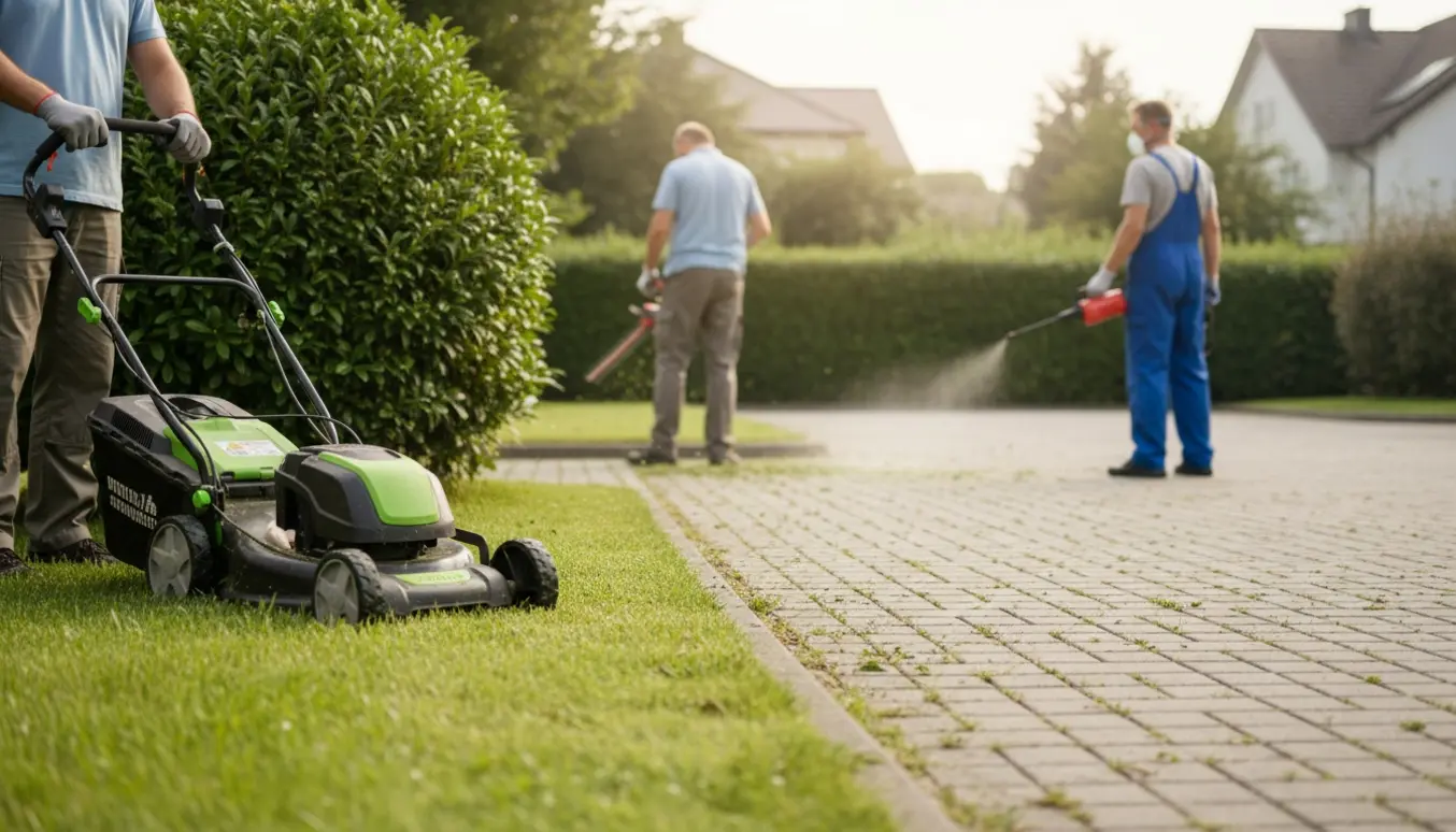 Fællesareal vedligeholdes med græsslåning, hækklipning og sprøjtning af ukrudt på parkeringsplads.