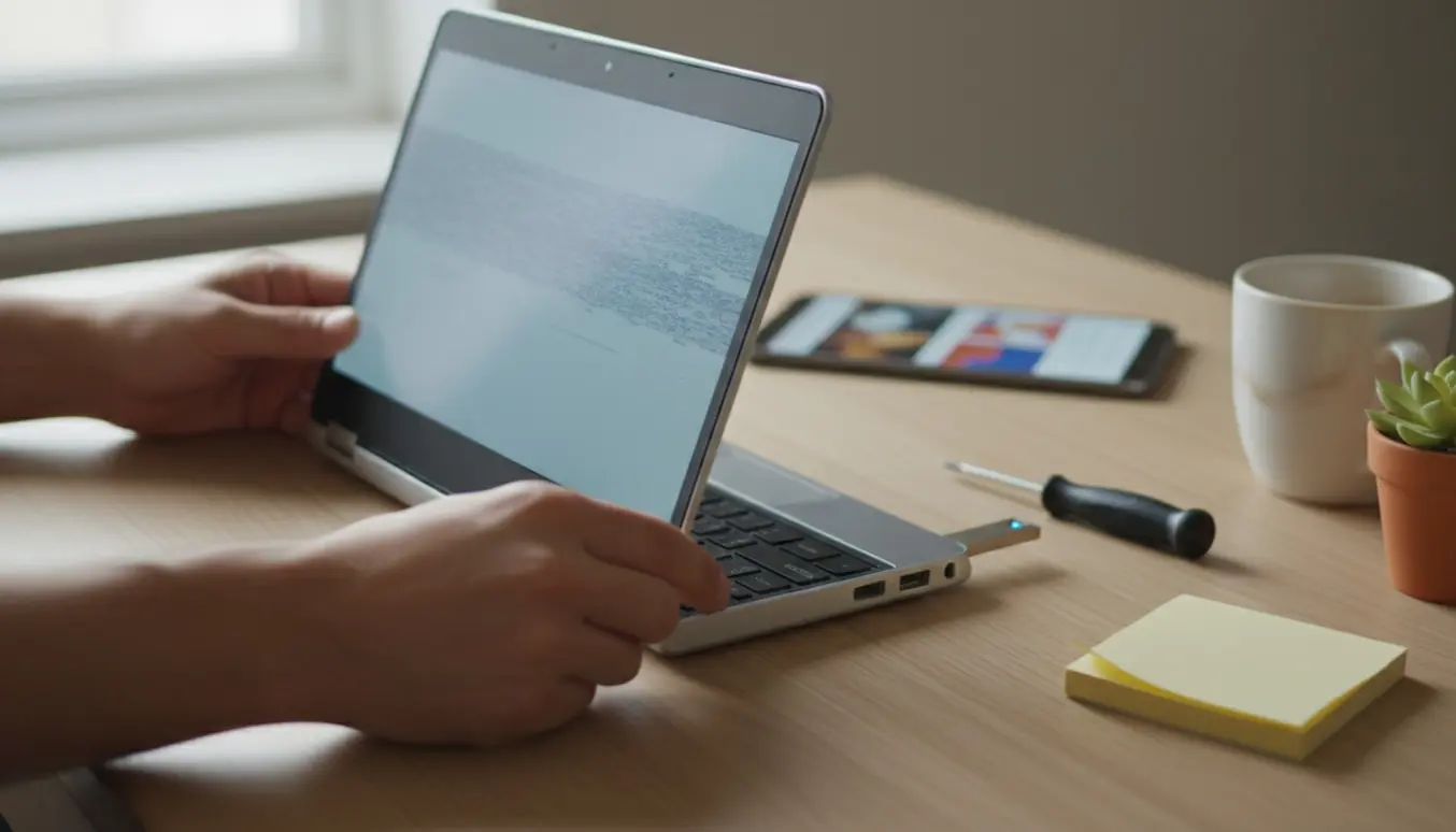 Chromebook-laptop med en USB-genoprettelsesnøgle sat i på et træbord, klar til gendannelse.