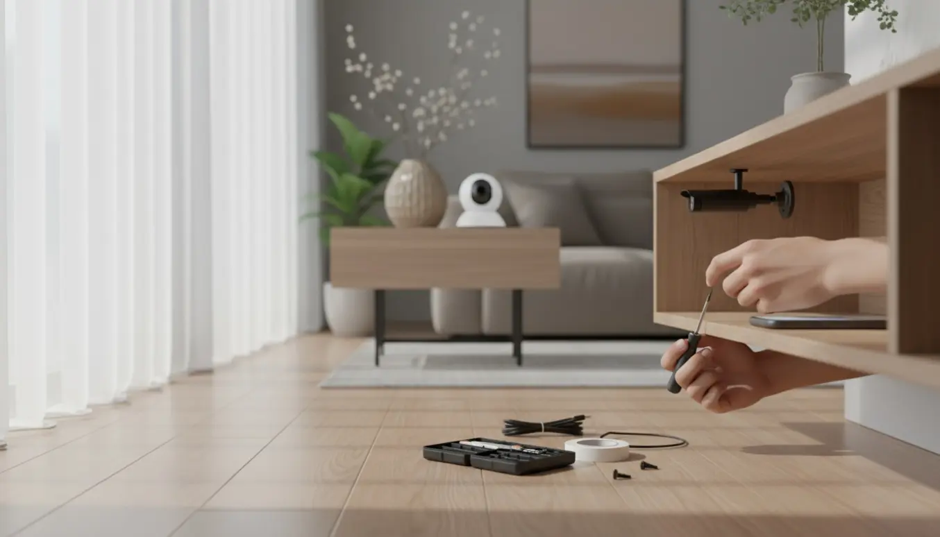 To hænder monterer diskrete overvågningskameraer i en moderne lejlighed med værktøj og blødt dagslys.