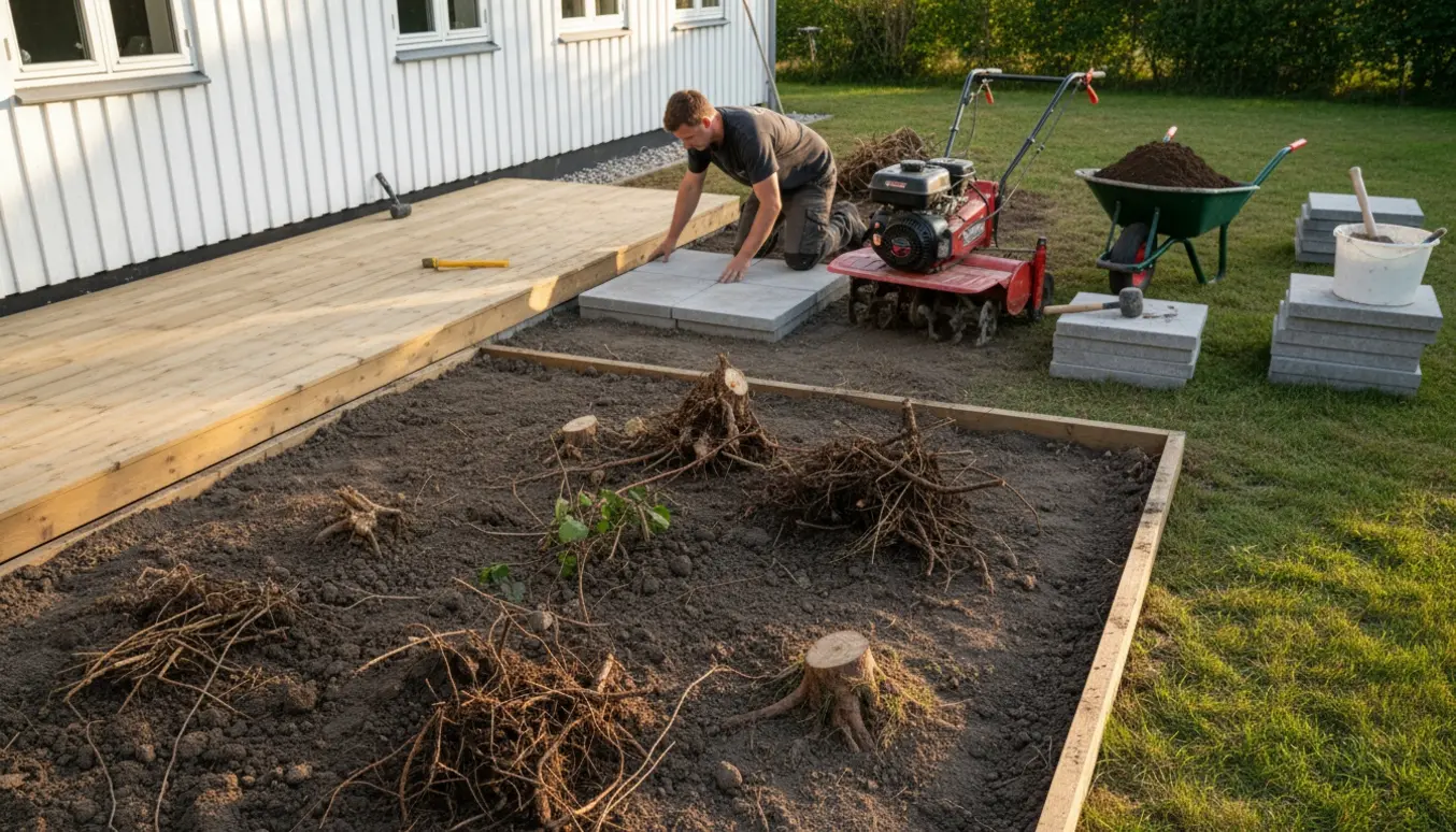 Sommerhushave med ny terrasse, fliser langs huset, fræset bed og trillebør med ny jord.
