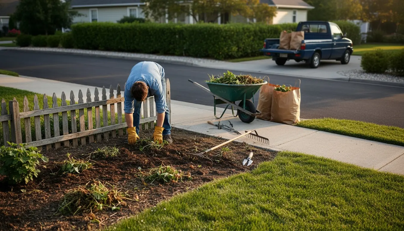 Gartner luge og rydder forhaven ved indkørsel med trillebør og affaldssække klar til bortkørsel.