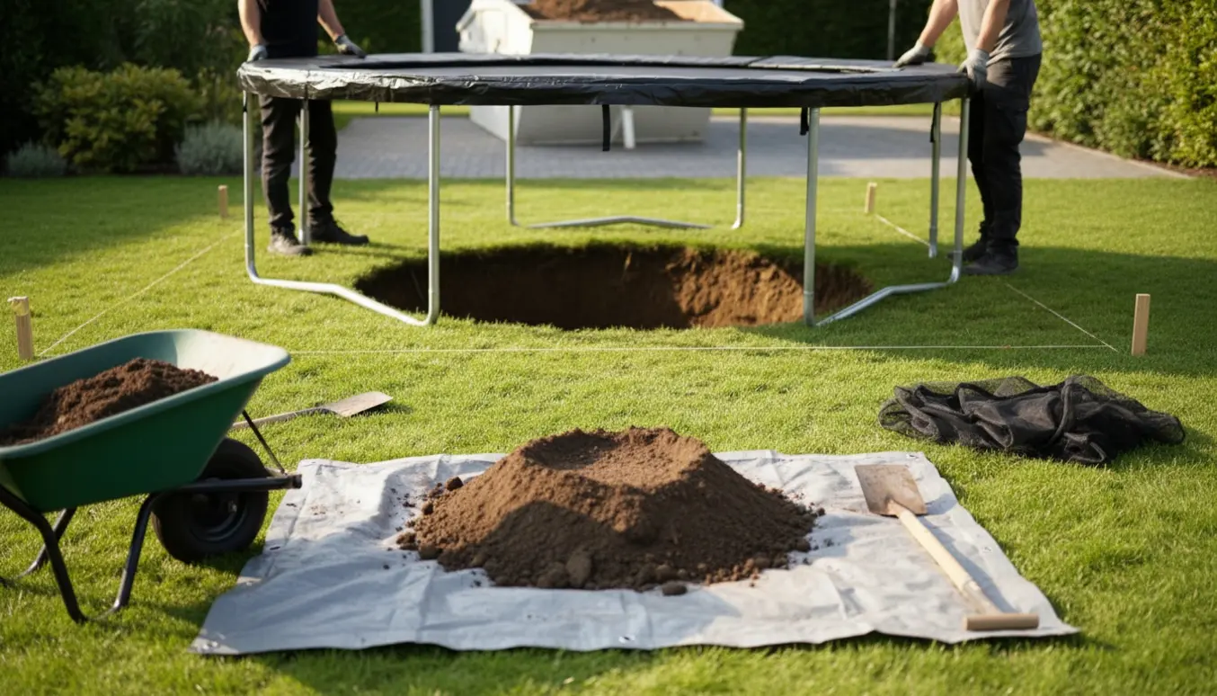 Nedgravning af Salta Baseground rund trampolin i have med skovle, trillebør og jordstak klar til bortkørsel.