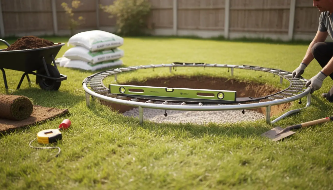 Delvist nedgravet trampolin i en have med værktøj og opgravet jord klar til bortskaffelse.