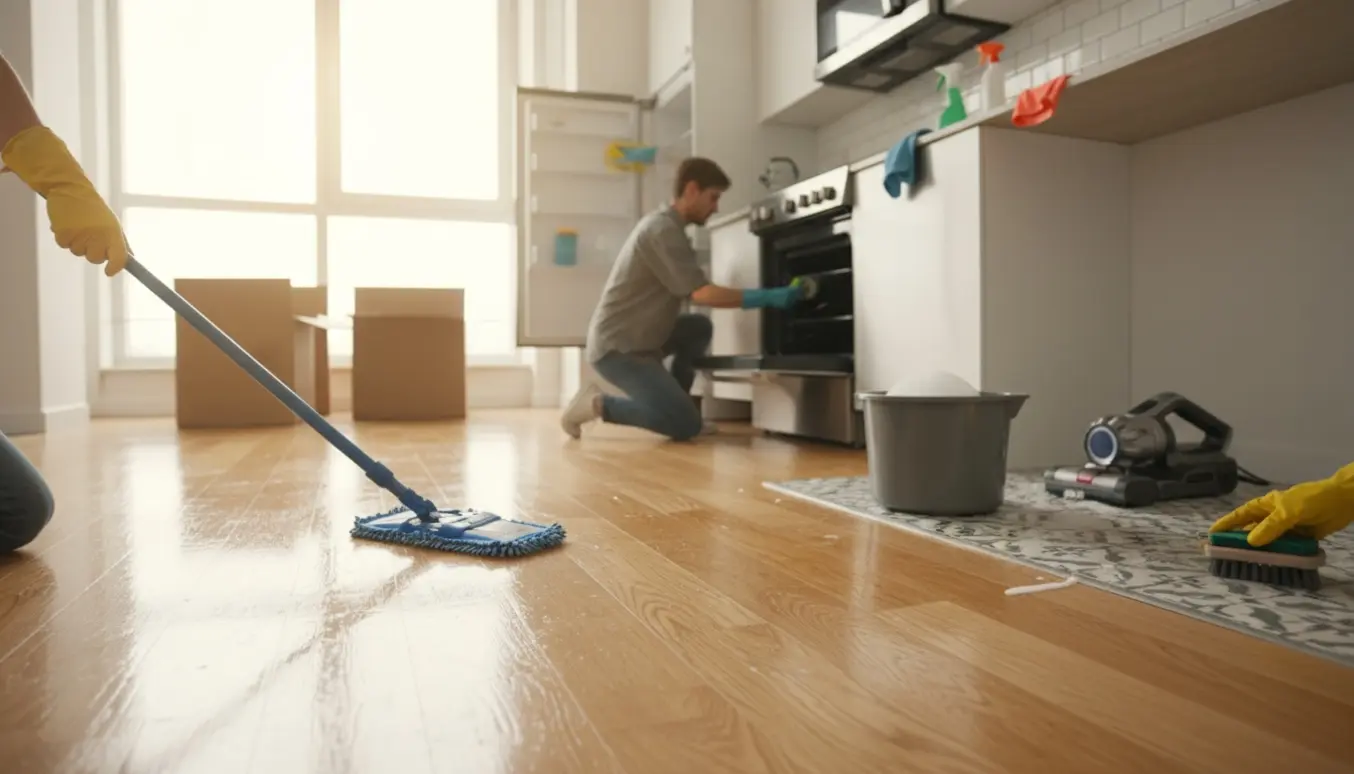 Flytterengøring i et lyst køkken med moppe, åben ovn og rengøringsmidler.