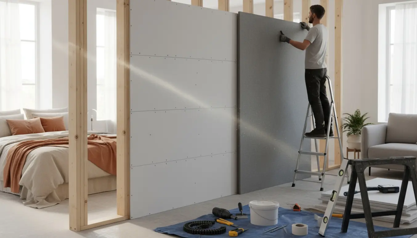 Halvfærdig gipsvæg mellem soveværelse og stue med akustikpaneler og monteringsværktøj.