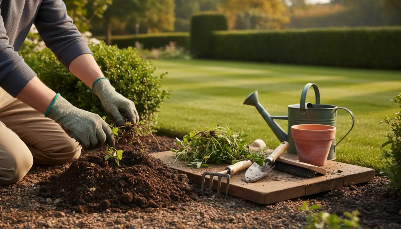 Hænder i havehandsker fjerner ukrudt fra et solbeskinnet blomsterbed.