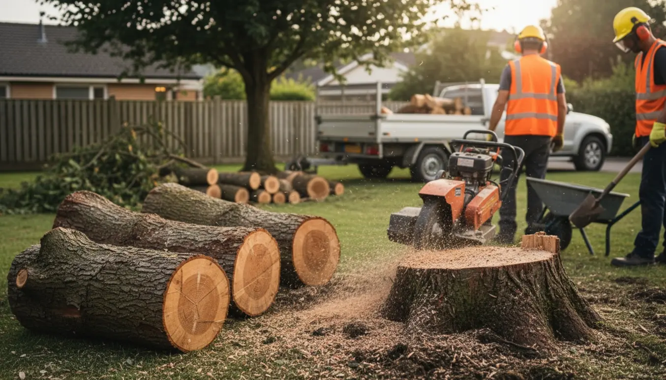 Et fældet træ skæres i stammer, rødder fjernes med en stumpgrinder, og tømmer læsses på en trailer i en have.