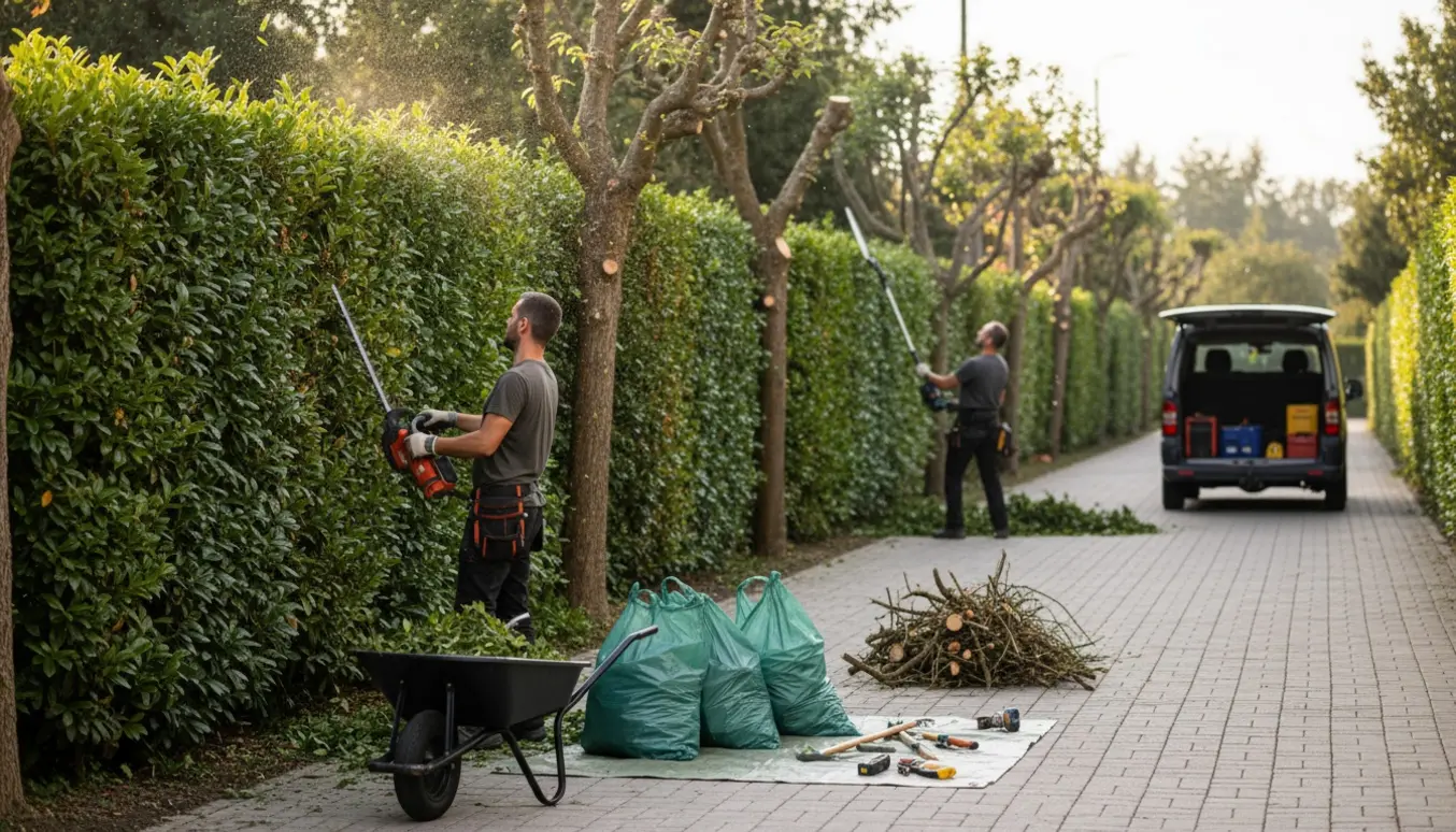 Lang hæk og træer ved en indkørsel klippes, med grene og haveaffald samlet klar til afhentning.
