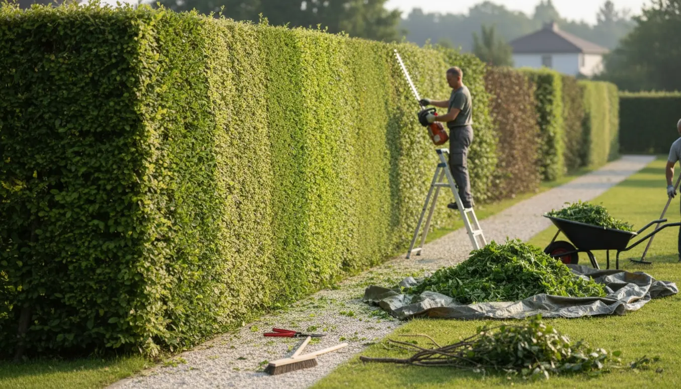 En lang hæk klippes ensidigt og toppes, med afklip samlet i trillebør og på en presenning.