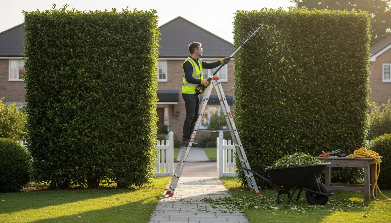 En person trimmer to høje hække i en forhave, med friske grene og en fyldt trillebør.