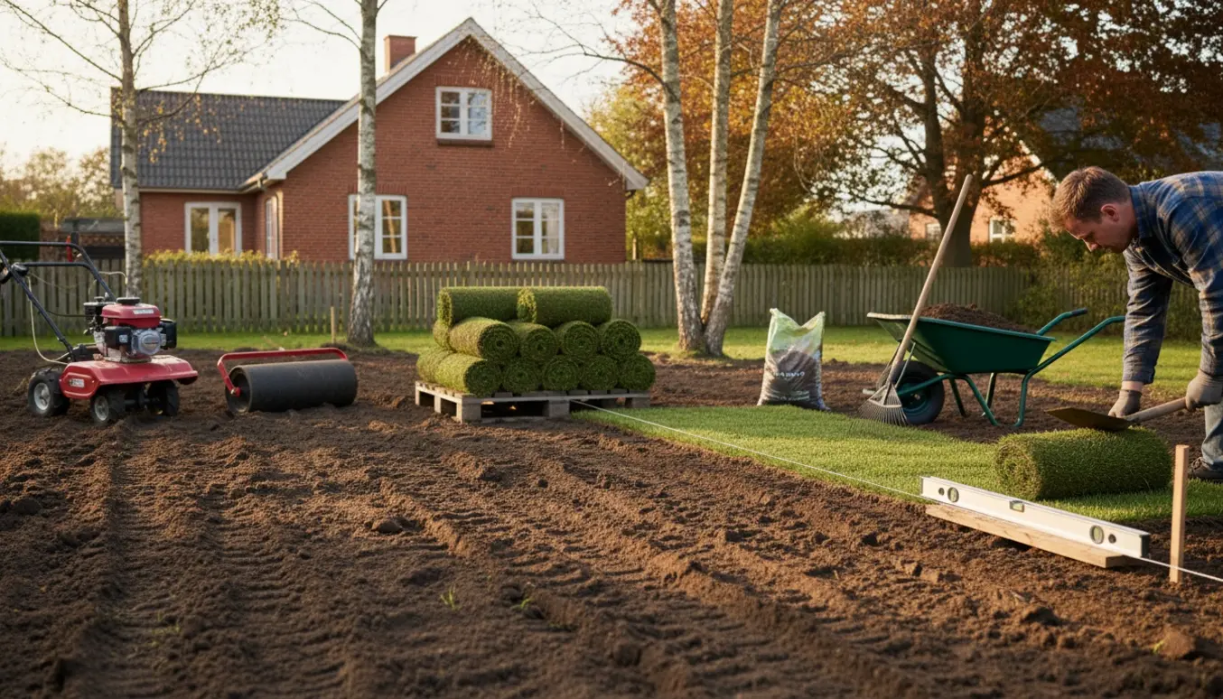 Nyfræset have i Højbjerg med ruller af rullegræs og haveredskaber klar til lægning.