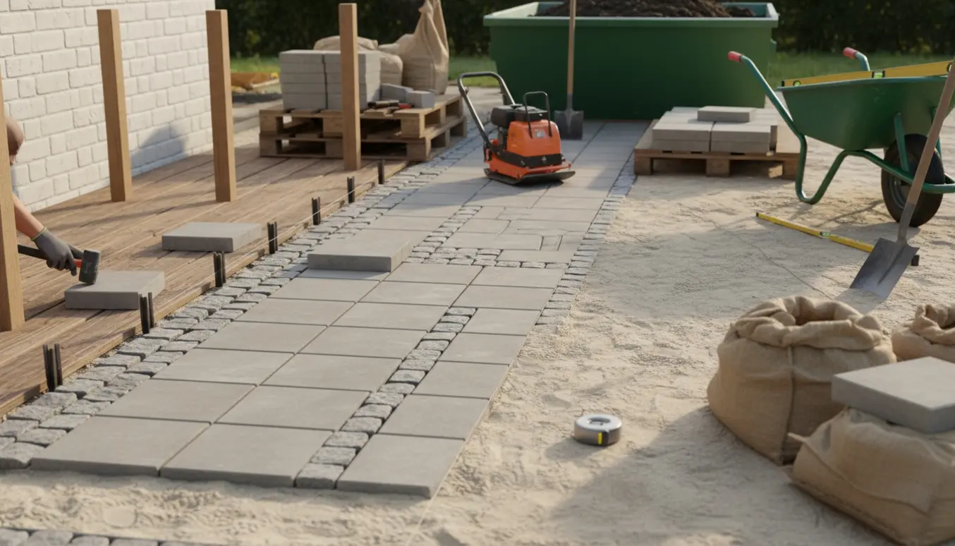 Halvfærdig flisebelægning ved terrasse og væg med værktøj, materialer og stolpespyd klart til montering.