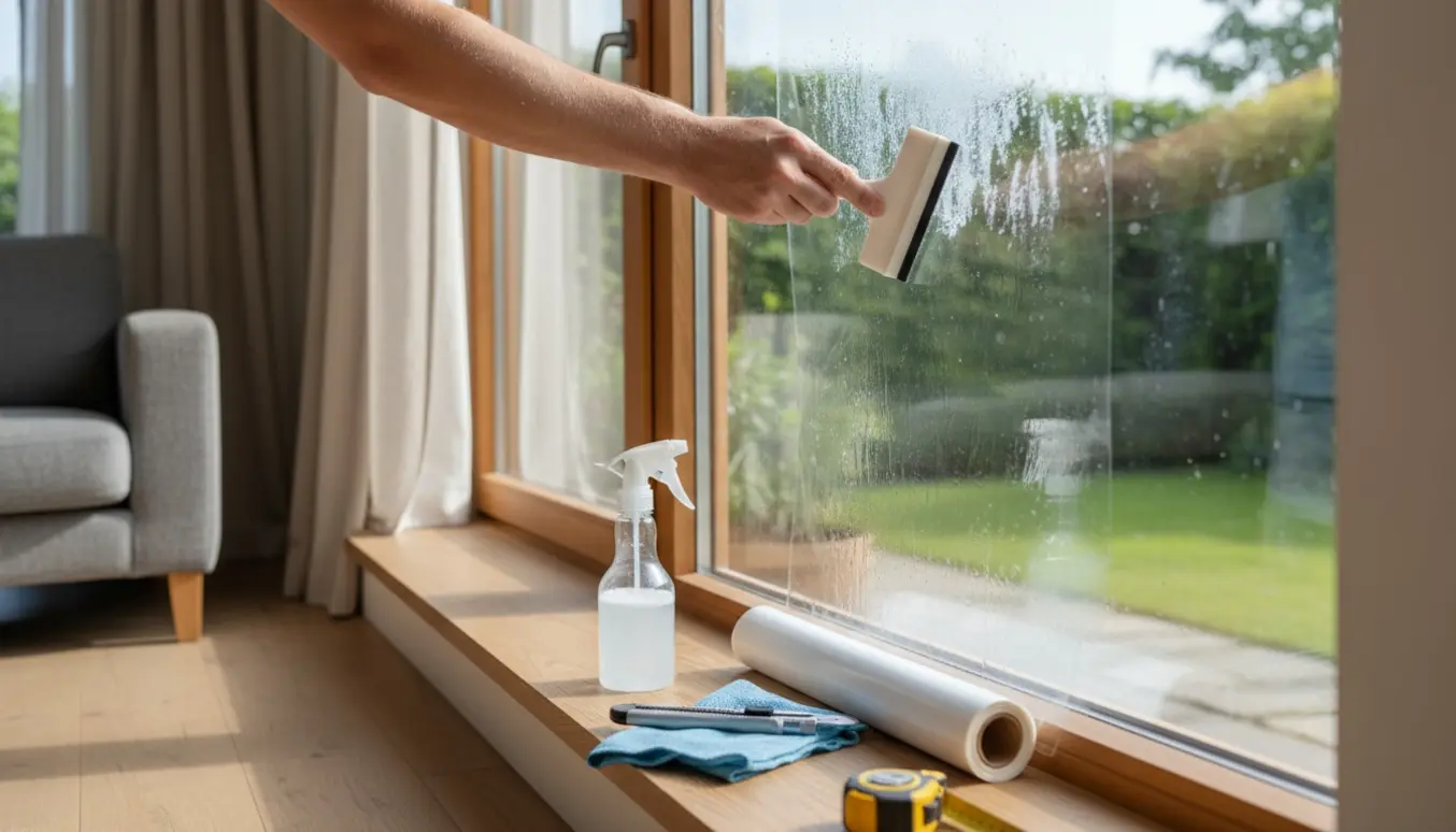 Hænder påfører mat vinduesfolie med rive og sprayflaske i et lyst, moderne rum.