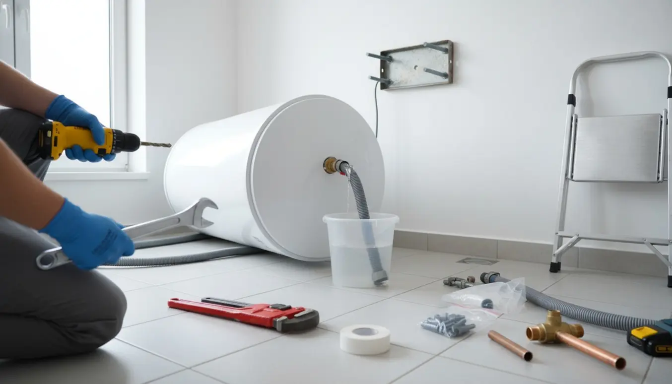 50 L vandvarmer på gulvet ved siden af en spand og værktøj klar til genmontering.