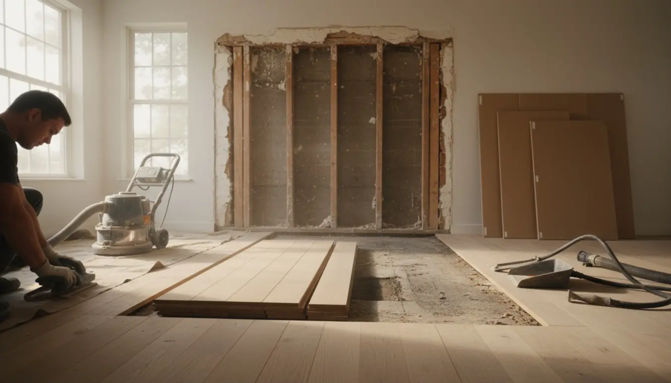 Rum med væltet væg, gulvslibning i gang og nye gulvbrædder klar til montering.