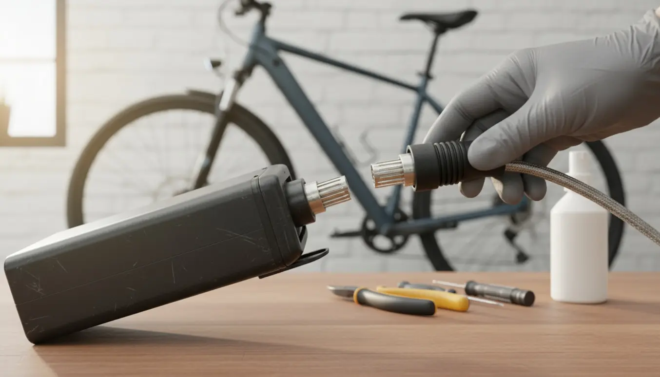 Nærbillede af et elcykelbatteri og en løs kabelforbindelse på et værksted.