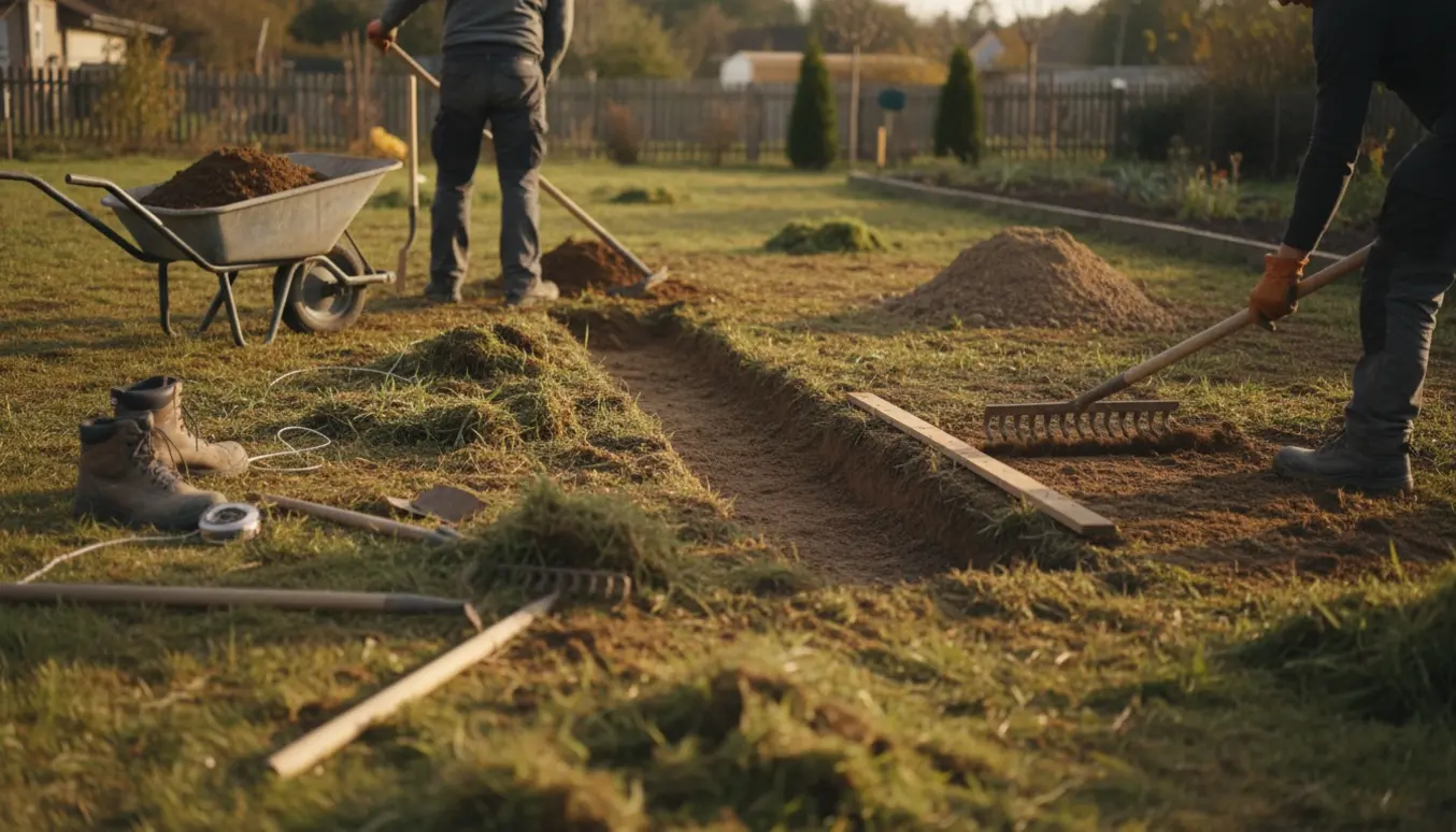 Baghave under gravning og planering med en frisk gravet rende, trillebør, jordbunker og riven glat jord.