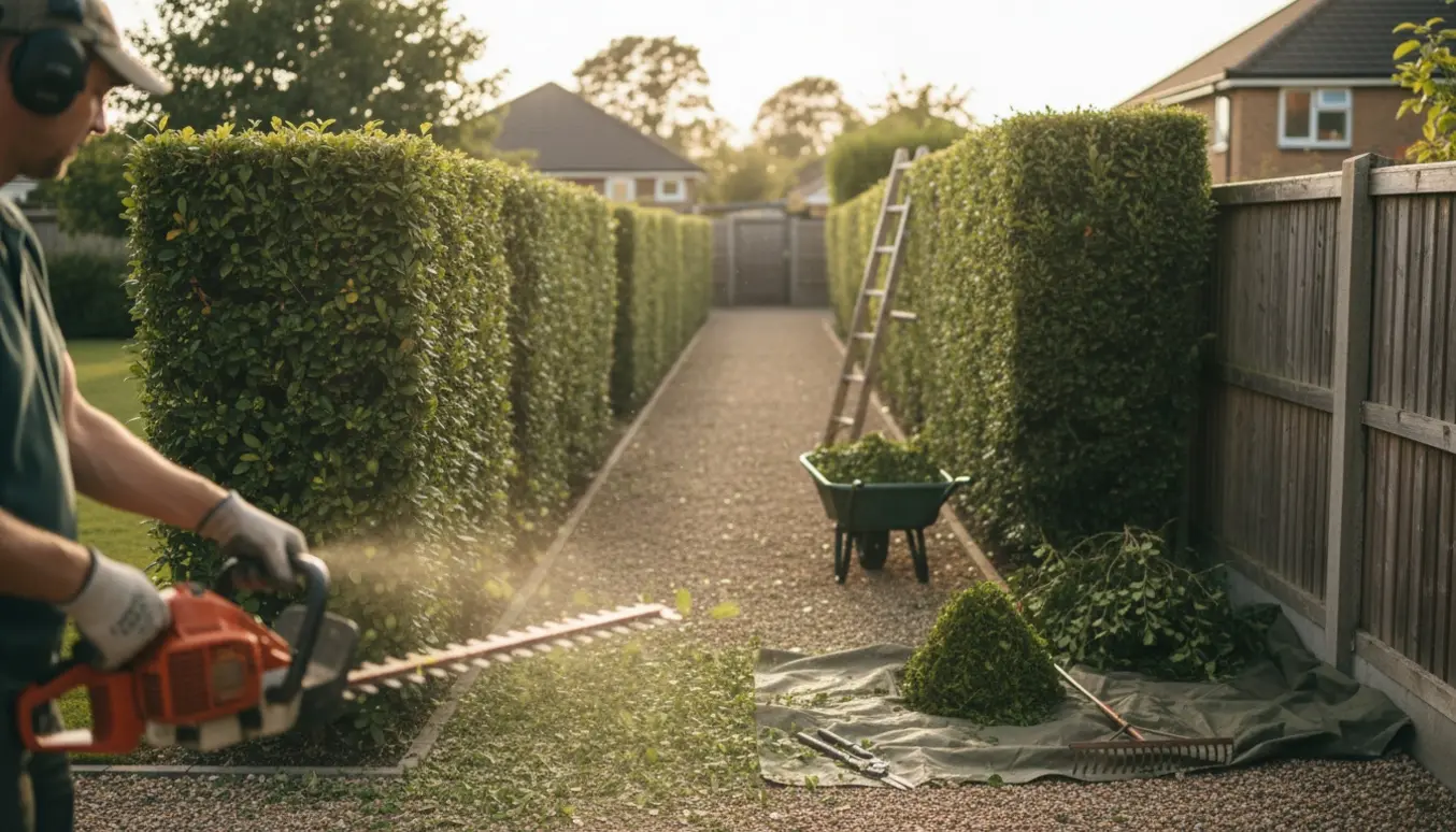En havearbejder klipper lange hække med motorhækkeklipper, mens friske afklip ligger i en trillebør.