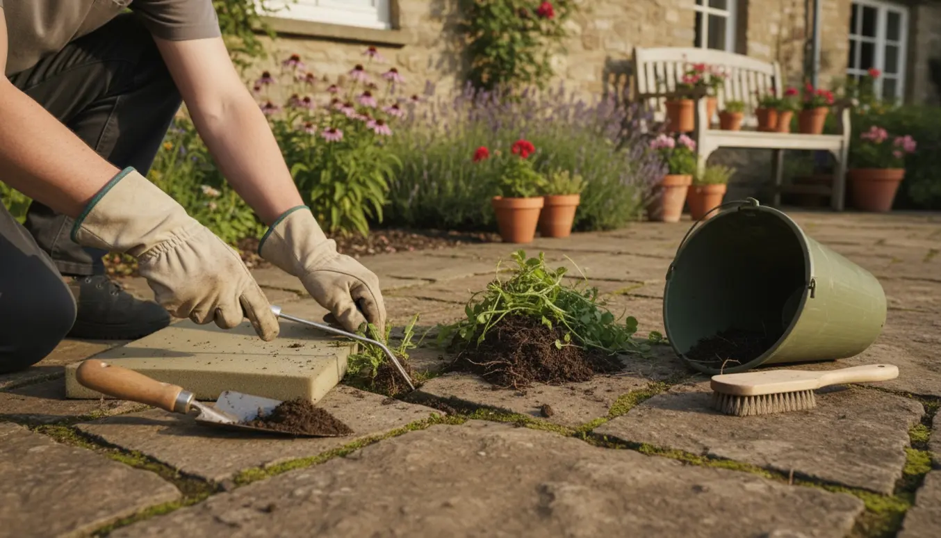 Hænder i havehandsker luger ukrudt mellem fliser ved husmuren med spand og blomsterbed i baggrunden.
