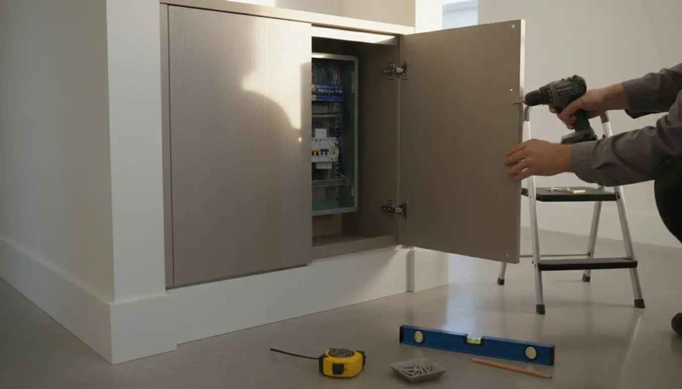 Nyligt monteret skab i en lys gang skjuler en el-tavle, mens hænder monterer et hængsel.