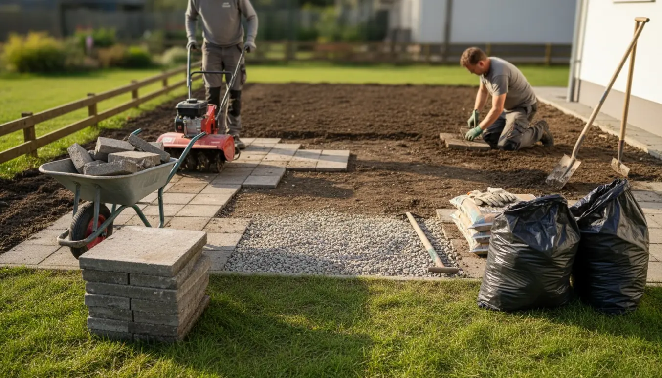 Terrasse med fjernede fliser, stak fliser og jord løst og planlagt klar til såning af græs.