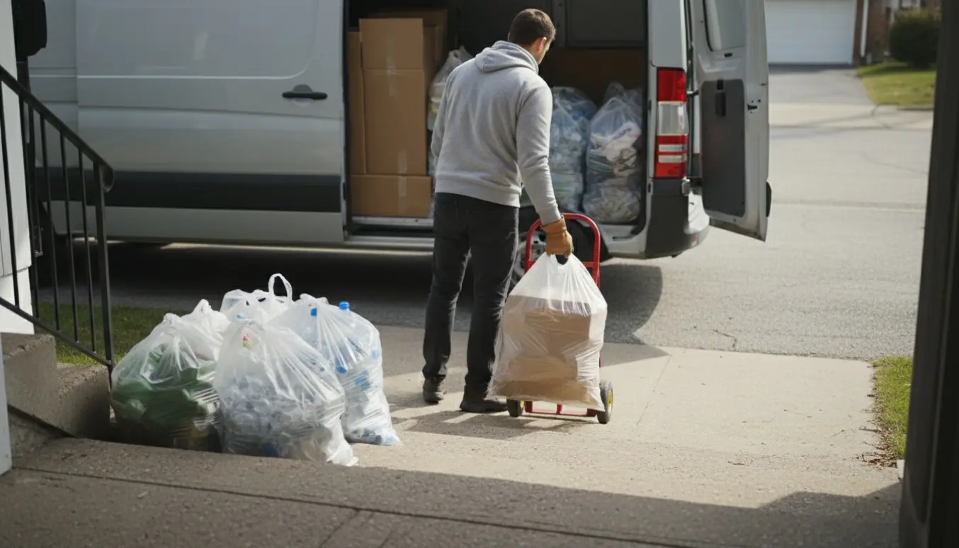 Gennemsigtige sække med sorteret kælderaffald læsses på en dolly ved en varevogn.