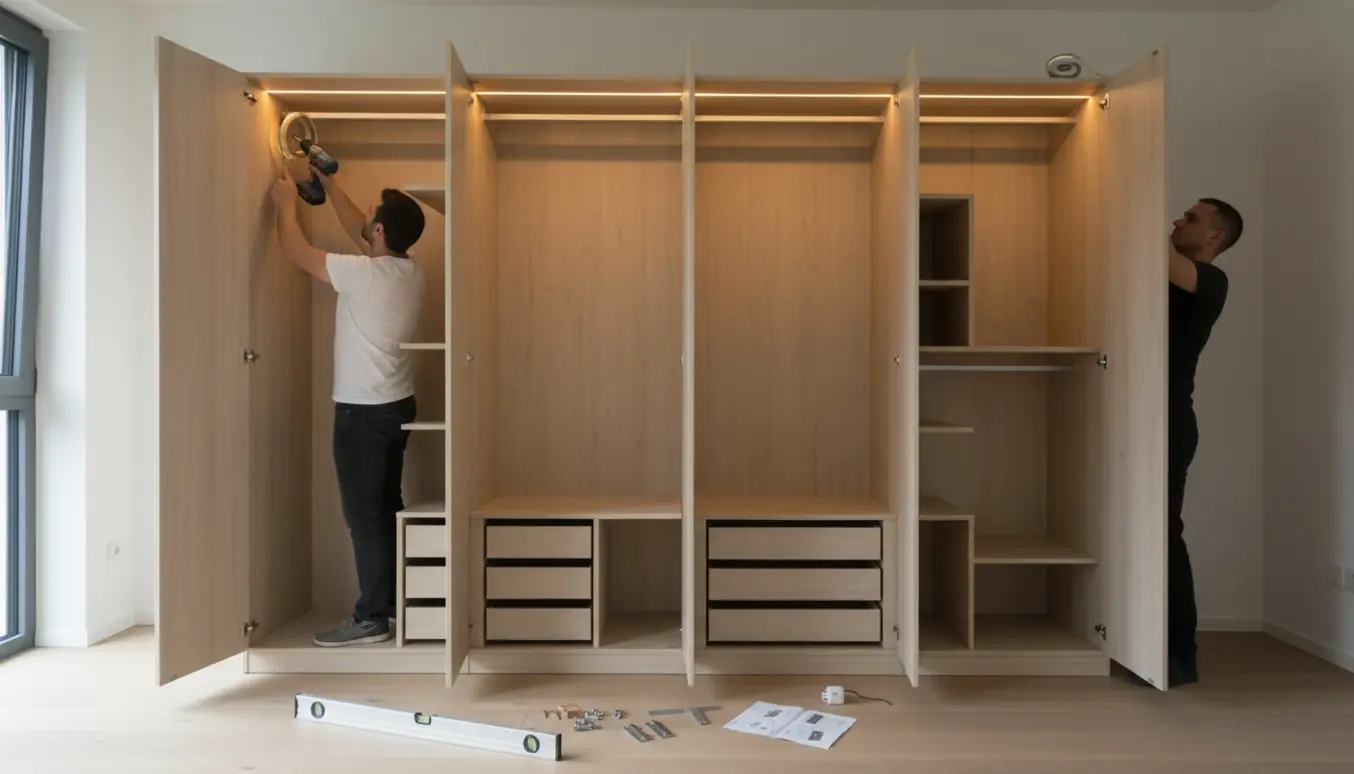 Fire åbne PAX-garderobeskabe uden låger under samling med indbygget LED-belysning og værktøj.