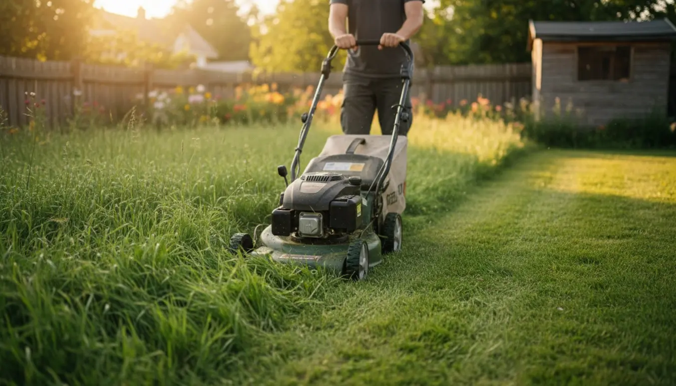 En plæneklipper skærer høj, grøn græsplæne og efterlader en nyslået stribe i blødt aftenslys.