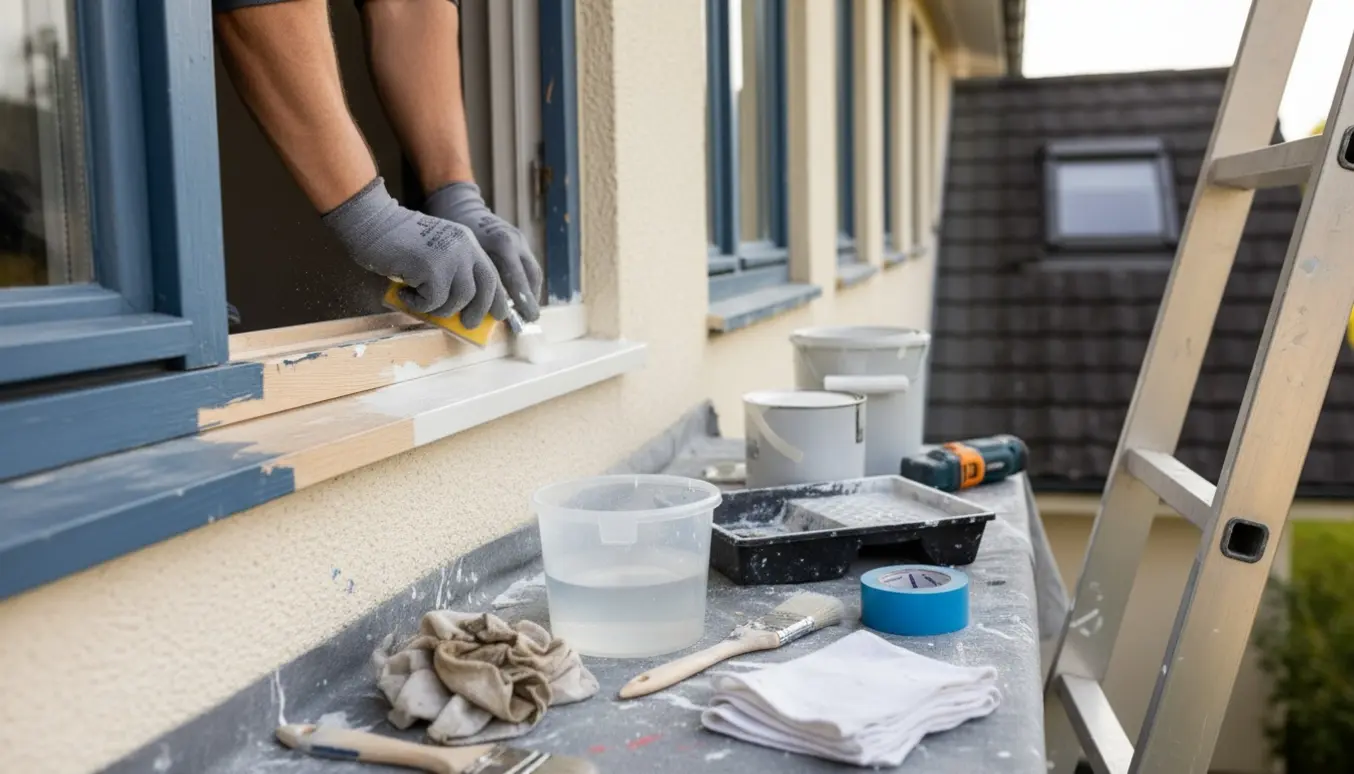 Hænder på en stige sliber og maler trævinduesrammer og glaslister på 1. sals højde med værktøj og materialer på en beskyttende klud.