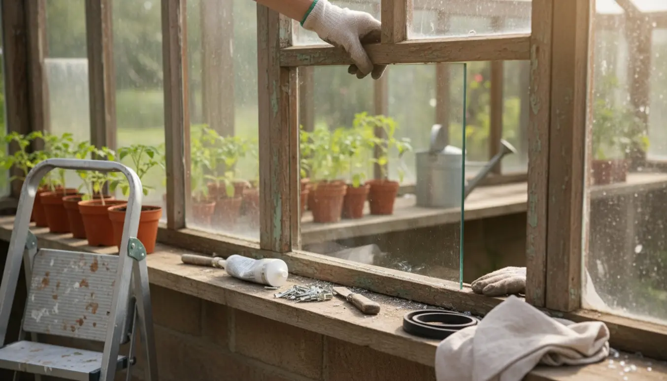Person i handsker skifter en glasrude i et drivhus med værktøj på vindueskarmen.