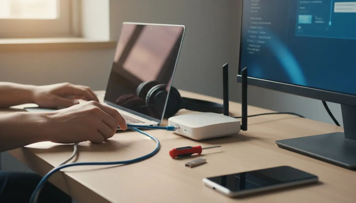 Hænder opsætter en bærbar computer på et lyst skrivebord med skærm, kabler og værktøj.