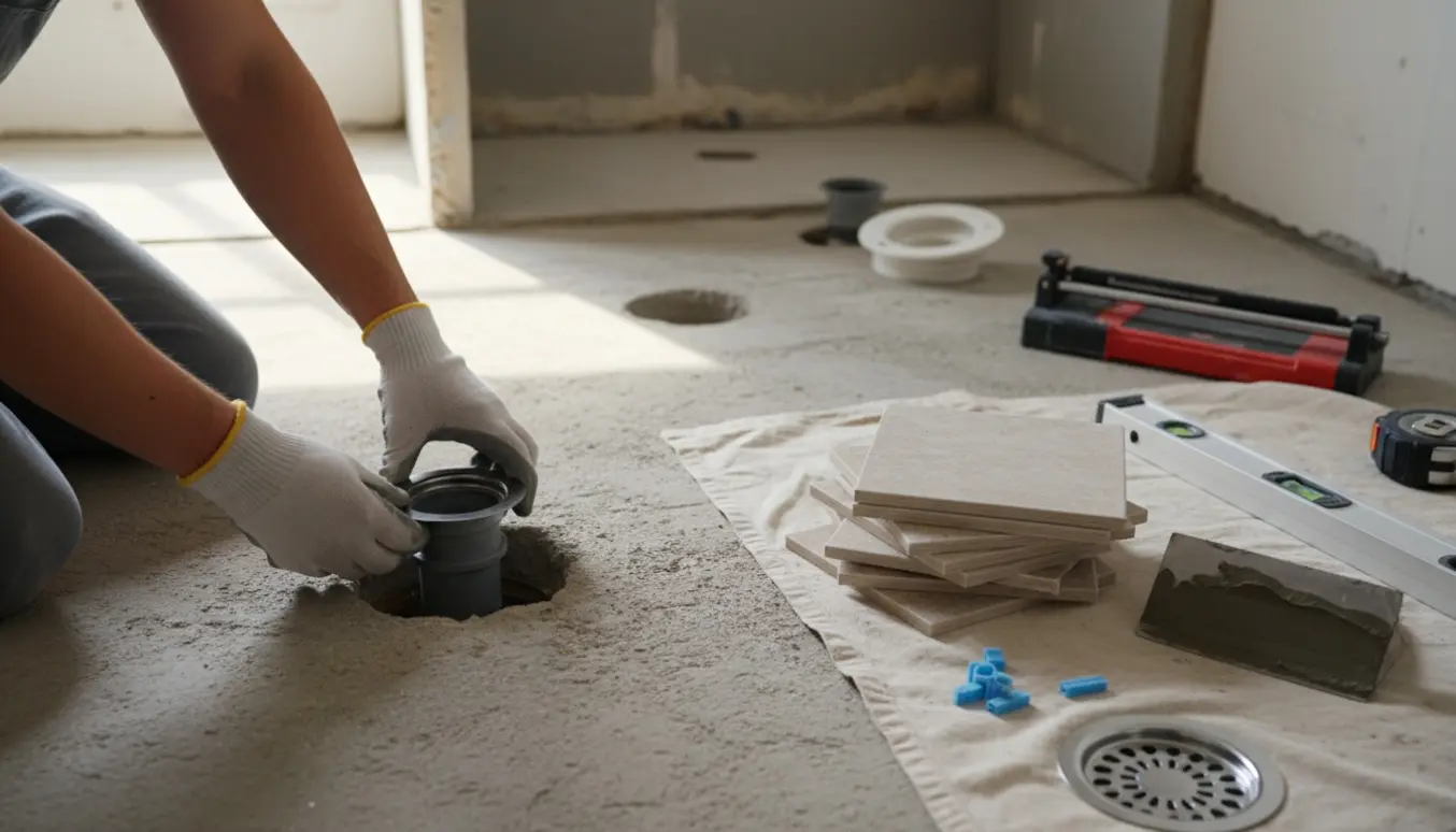 Håndværker hæver gulvafløbet i et badeværelse under renovering med fliser og værktøj ved siden af.