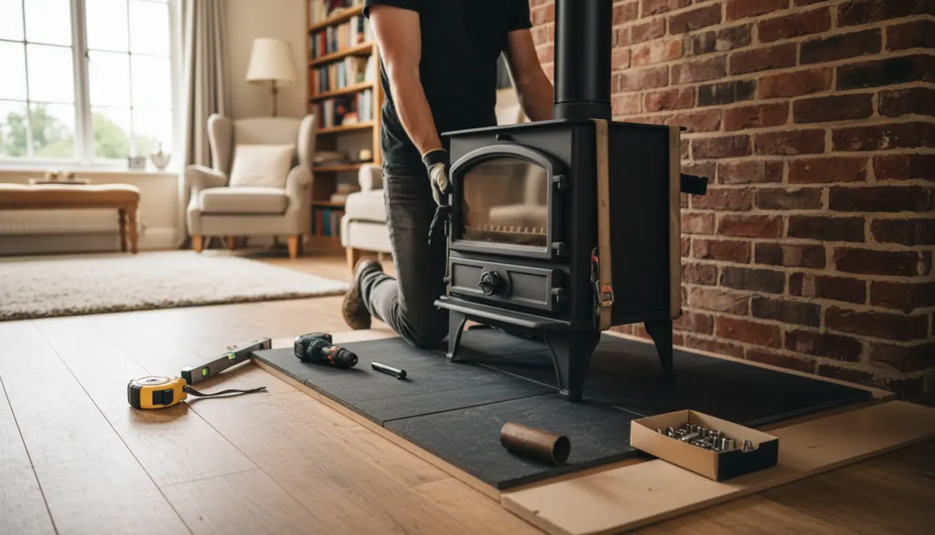 To installatører løfter overdelen af en ny to-delt støbejernsbrændeovn på plads over et brændemagasin ved en murstensskorsten med værktøj omkring.