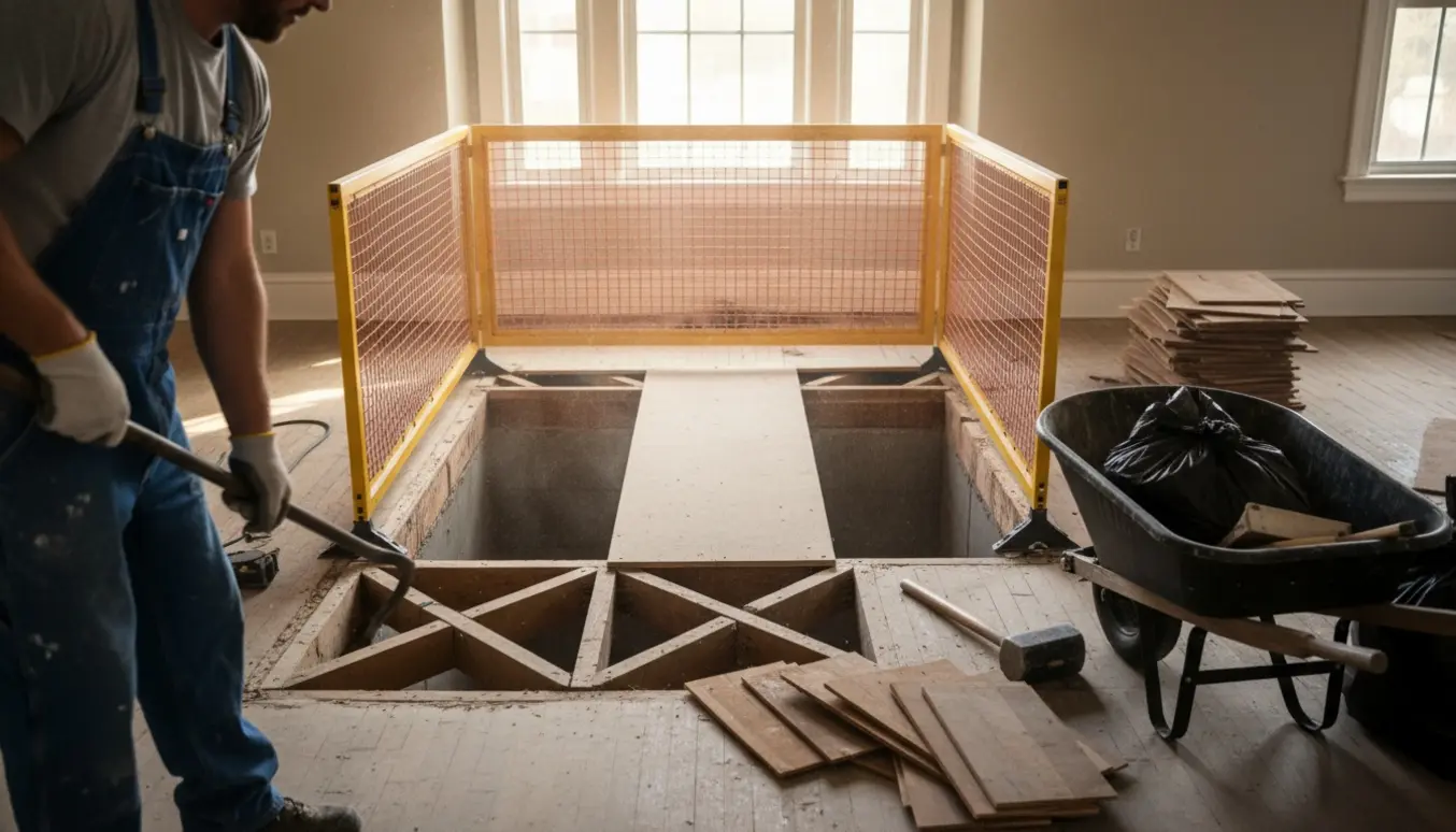 Renoveret stue med fjernet gulv, stablede brædder, værktøj og en afspærret trappeåbning til kælderen.