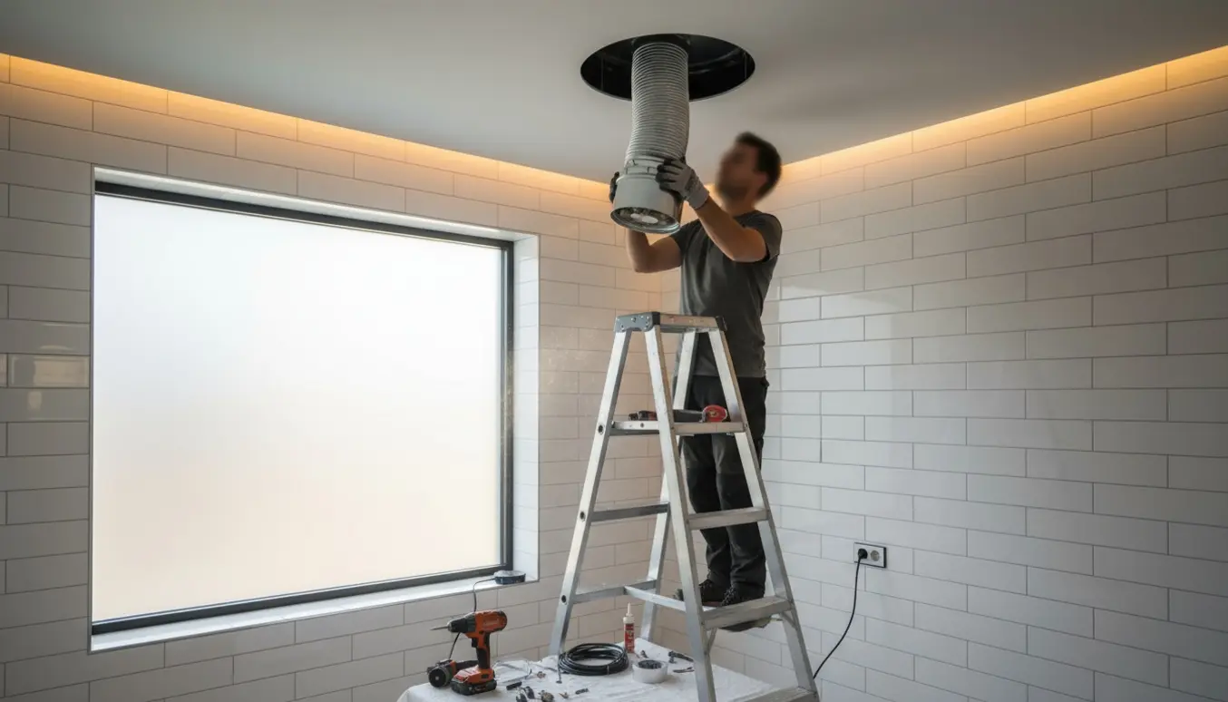 Montering af badeværelsesventilator i loftet med stige, værktøj og aftrækskanal.