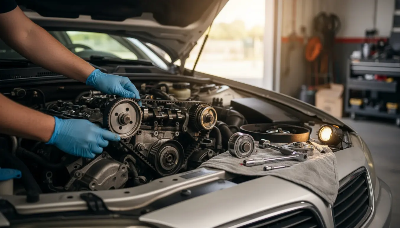En person skifter tandrem på en Audi A6 med åben motor og nye dele lagt klar.