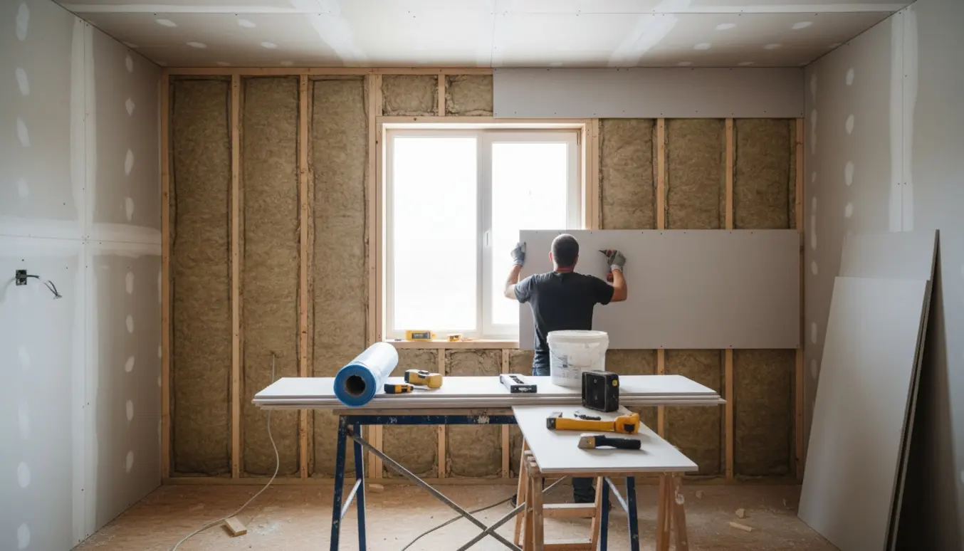 Indendørs renovering med isolering mellem stolper og gipsplader monteret på væg og loft ved et vindue.