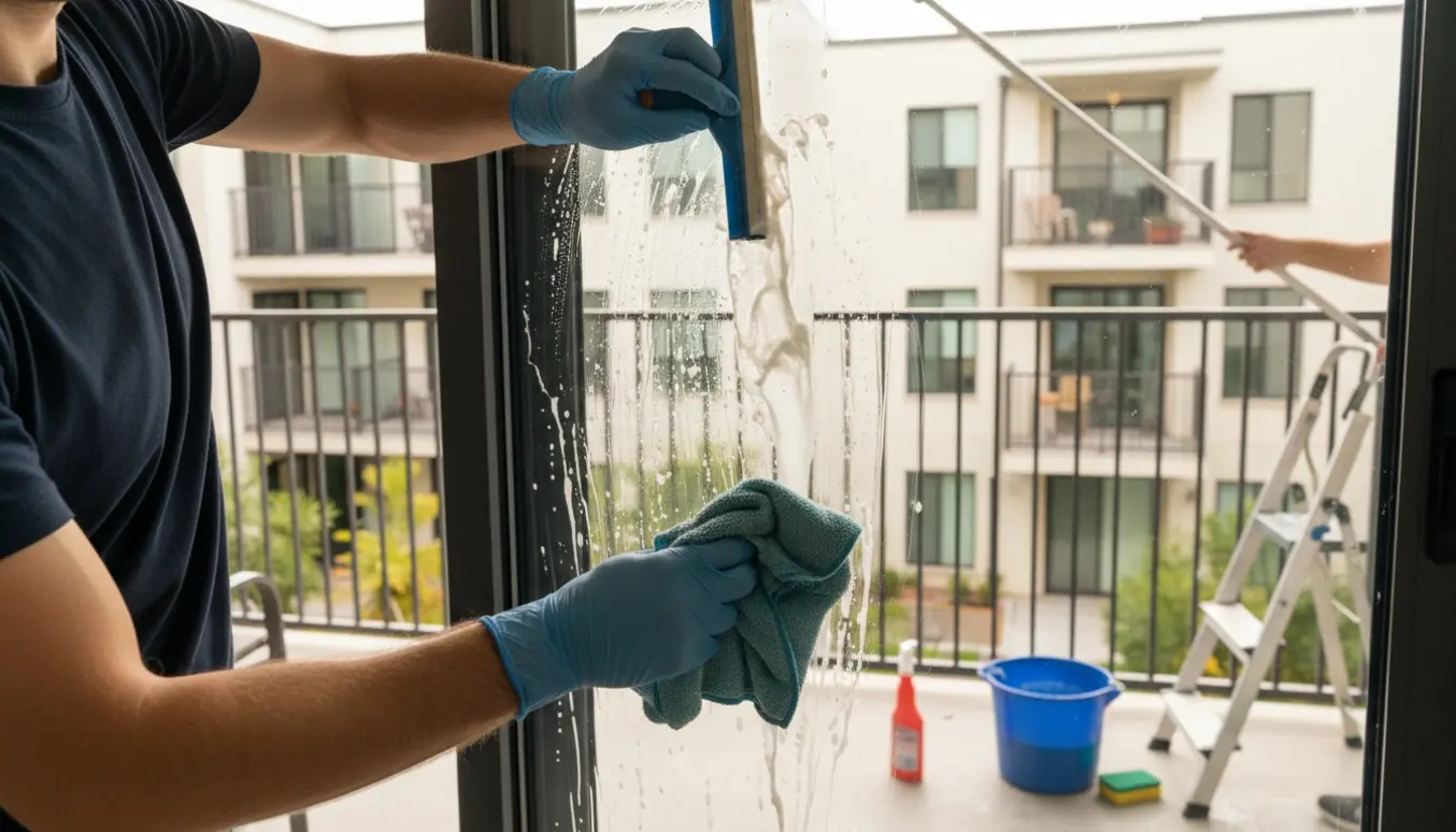 Indvendig og udvendig vinduespudsning med klud, rive og spand på to altaner.