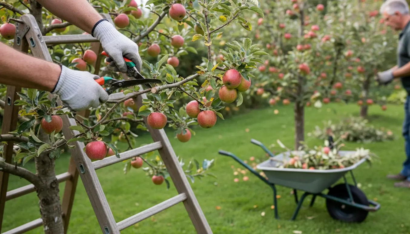 En gartner beskærer fire små æbletræer med stige og beskærerværktøj, mens afskårne grene ligger i en trillebør.